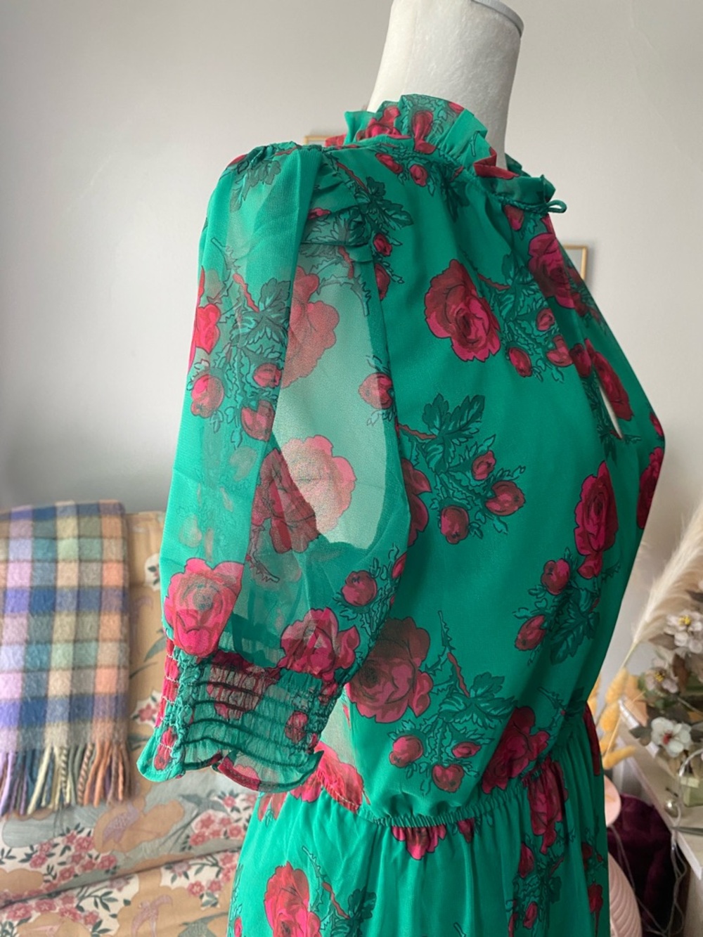Betsey Johnson Green Maxi Dress with Pink Rose Print - Picture 9 of 12